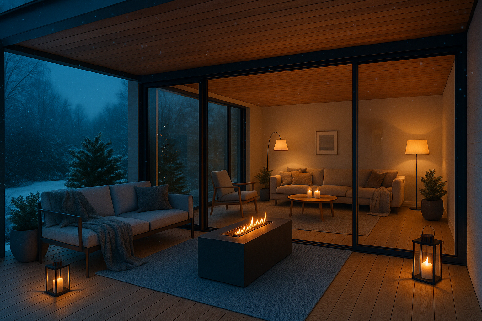 Stijlvol winterterras met naadloze overgang naar interieur