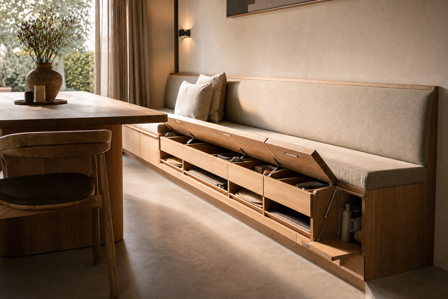 Wandbank op maat met geïntegreerde opbergoplossingen