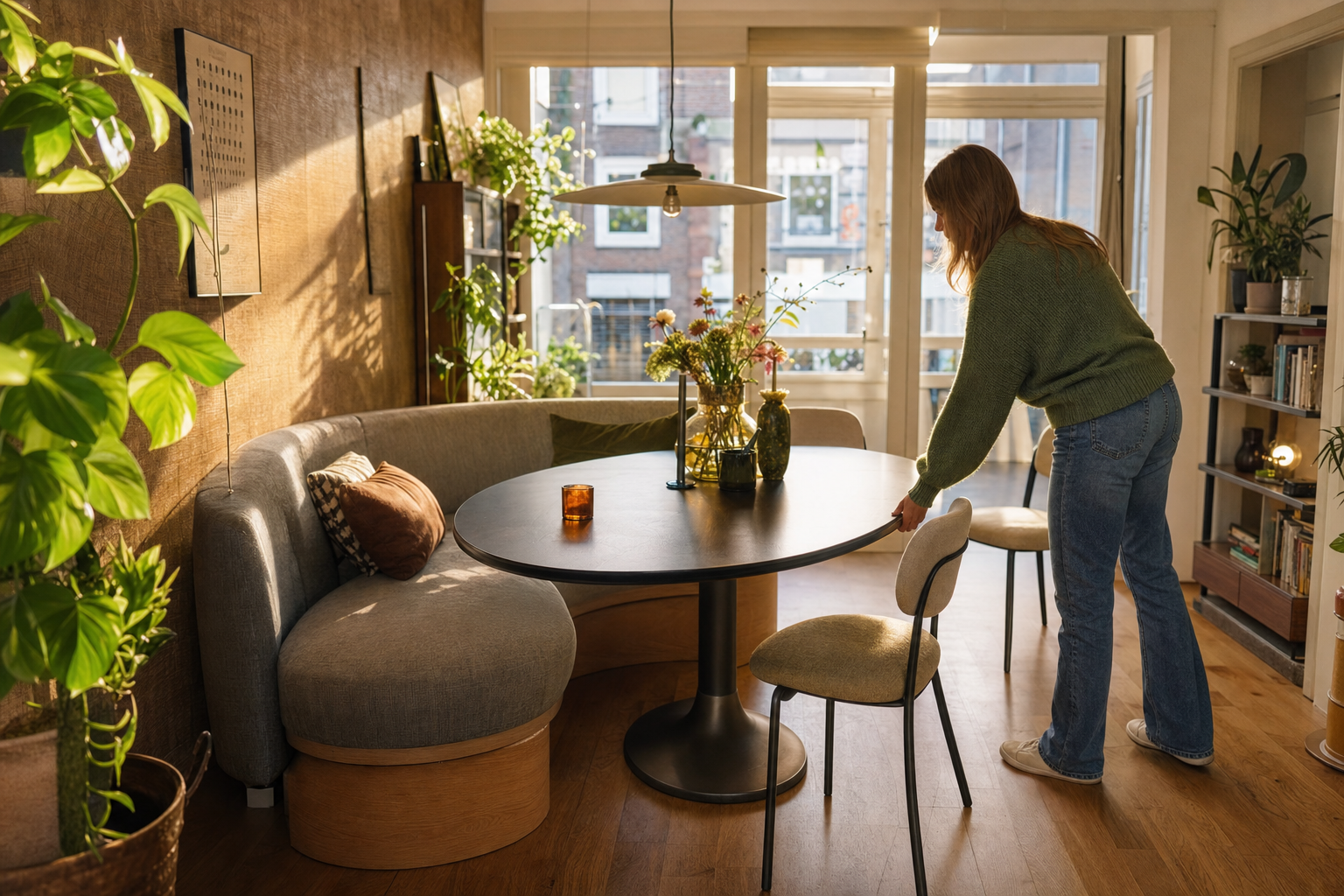Comfortabele zitopstelling met ovale bank en tafel