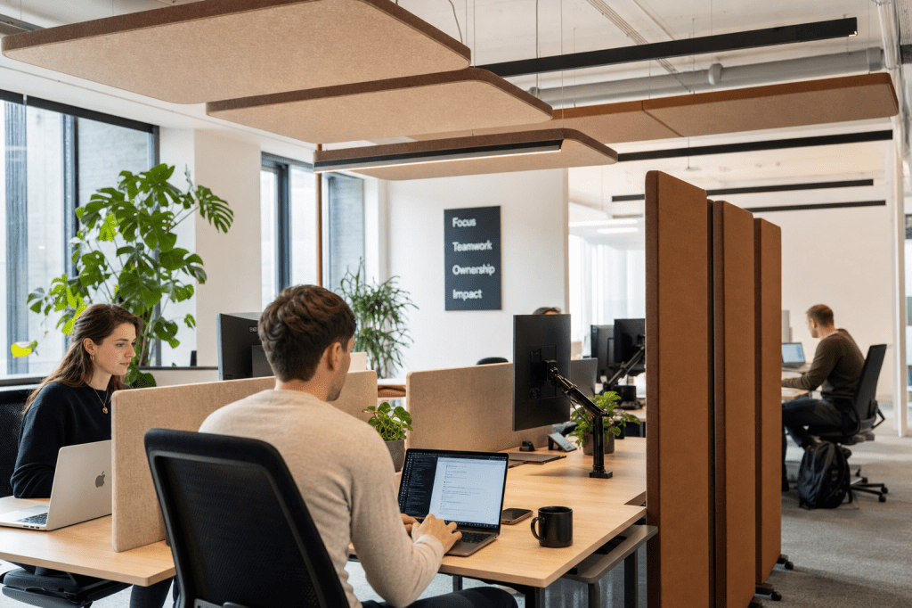 Welke akoestische oplossingen voor geluidsdemping op kantoor werken het best in een open kantoorruimte zonder&nbsp;verbouwing?