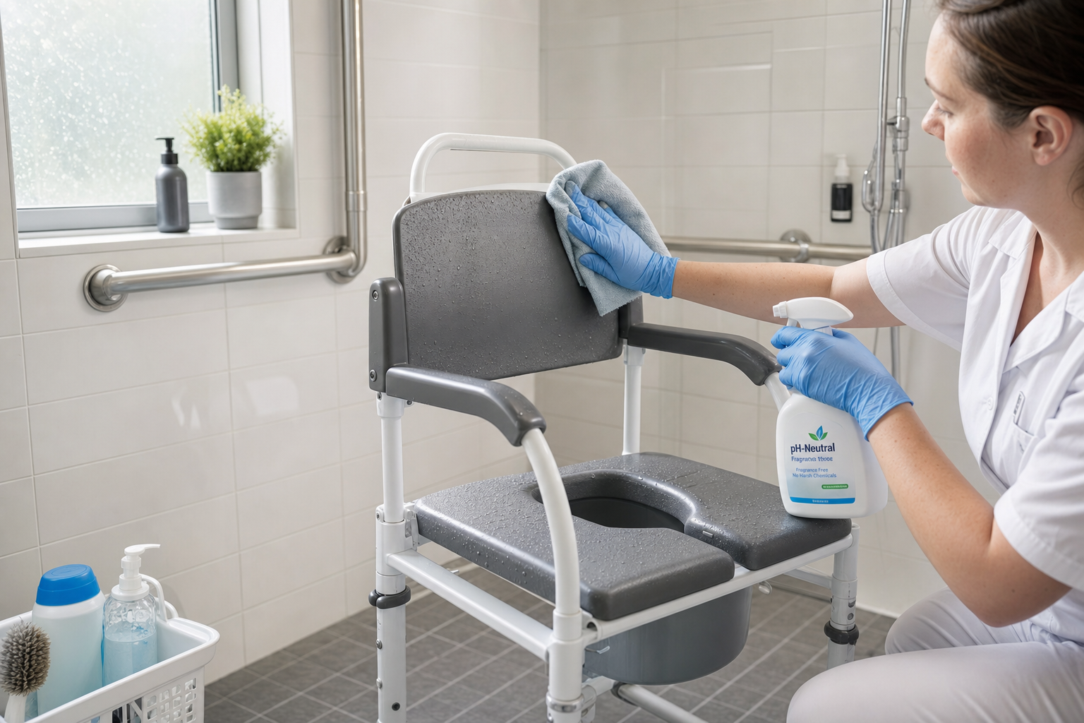Schoonmaken van een douchestoel