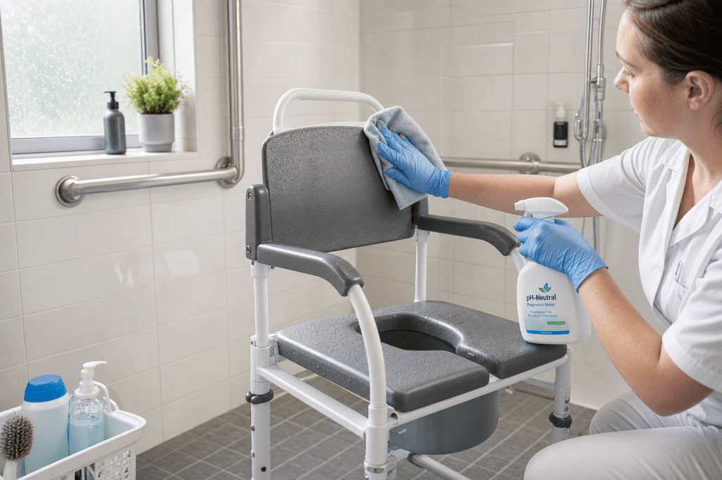 Hoe maak en houd je een douchestoel hygiënisch schoon, en welk materiaal is daarbij het meest onderhoudsvriendelijk?